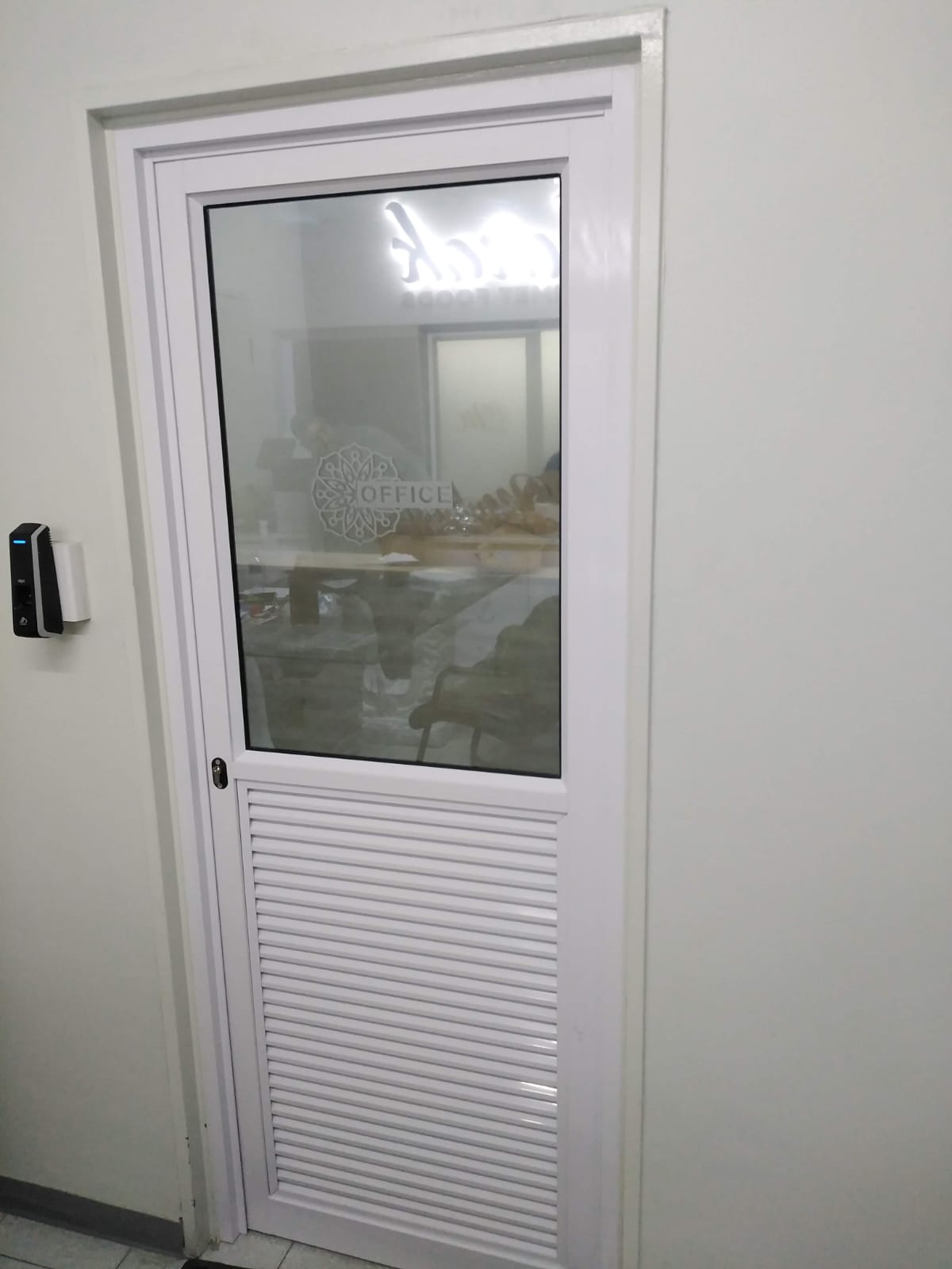 Interior view of aluminium office door inside Mubarak Foods, Lansdowne.